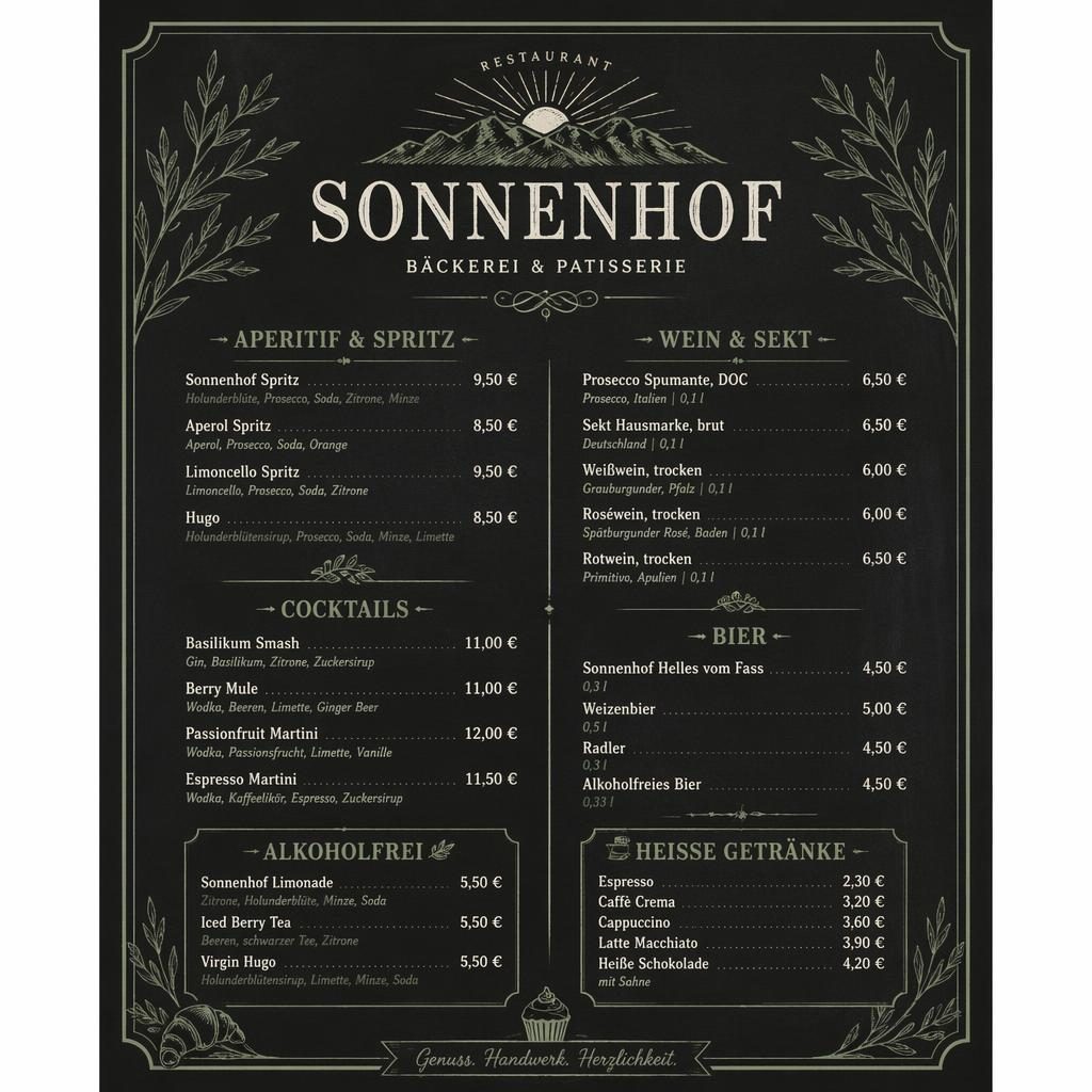 A4-Menükarte für Restaurant Sonnenhof im Kreidetafel-Café-Stil in Salbei und Elfenbein mit Getränken, Preisen und Zierkopf