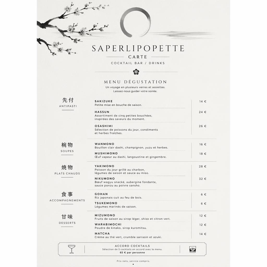 Carte de menu A4 en portrait pour saperlipopette carte, style kaiseki japonais monochrome avec rubriques, plats et prix.