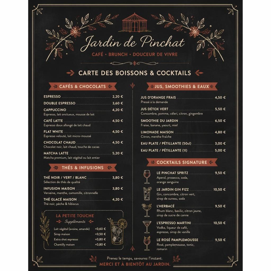 Carte de cocktails A4 en style ardoise café, tons crème chaud et rouille, en-tête décoratif, typographie factice et colonne de prix.