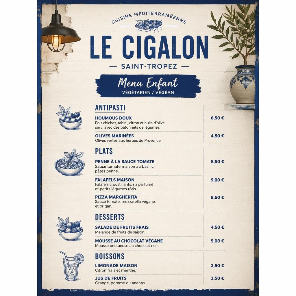 Carte de menu enfant Le Cigalon en format A4 portrait, style loft industriel bleu méditerranéen et crème, avec rubriques et prix.
