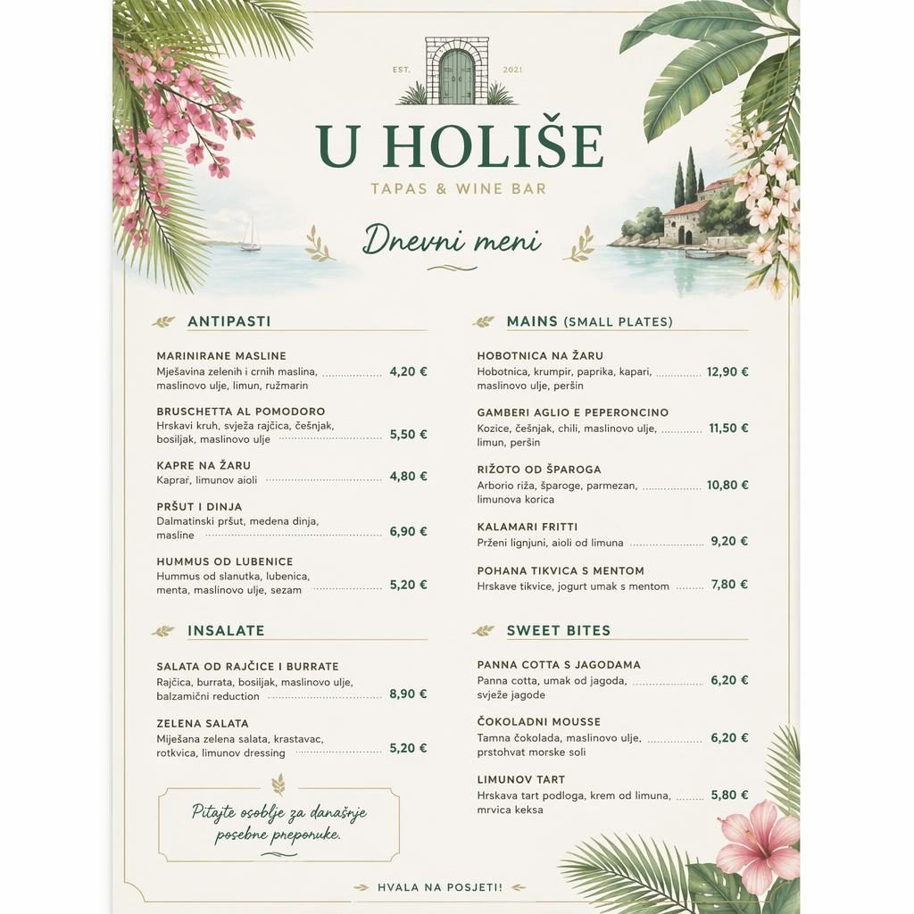 A4 menu karta na výšku pro u holiše menu v tropickém resort stylu, jarní paleta, sekce jídel a sloupec cen.