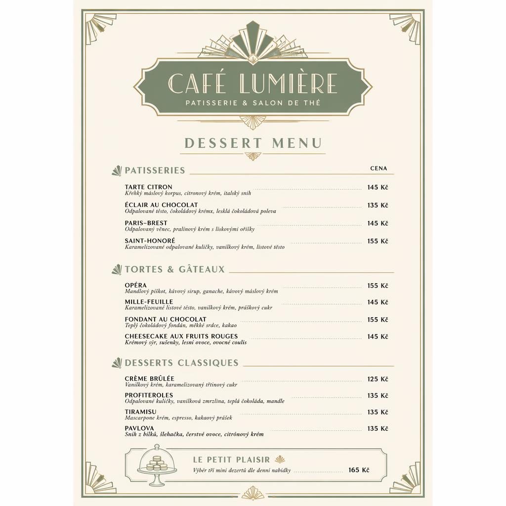 A4 dezertní menu karta ve stylu art deco v odstínech šalvějové a slonovinové s cenovým sloupcem