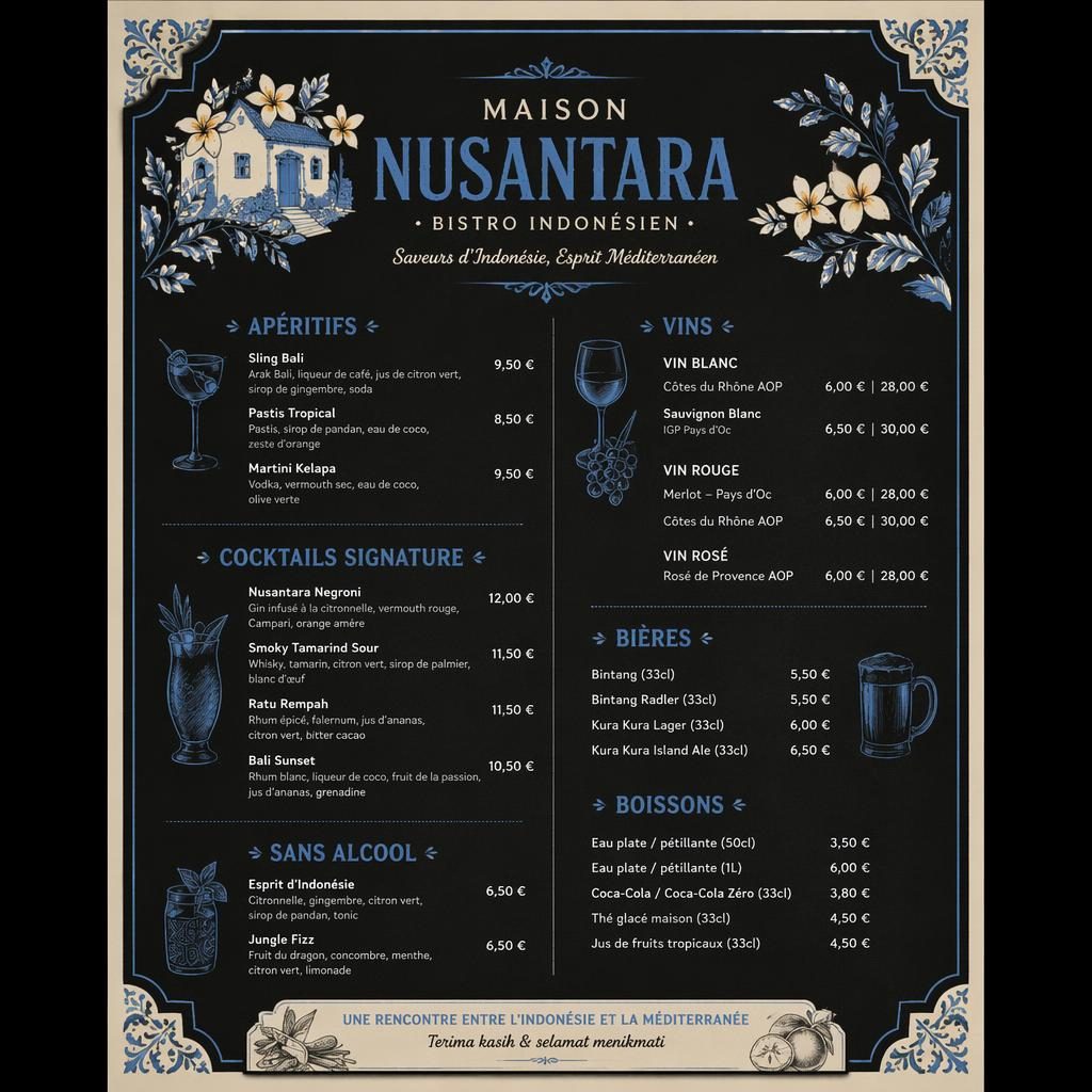 A4-Menükarte für ein indonesisches restaurant im Bistrostil, Cocktailkarte in Kreidetafel-Optik, Blau-Creme-Farbwelt.