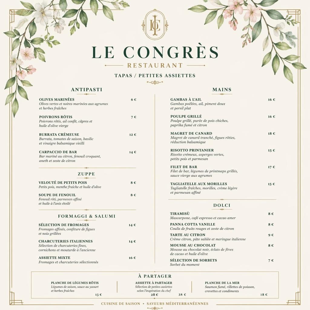 Carte de menu A4 portrait luxe pour le congrès restaurant, palette printanière, sections dîner, typographie sobre et colonne de prix.