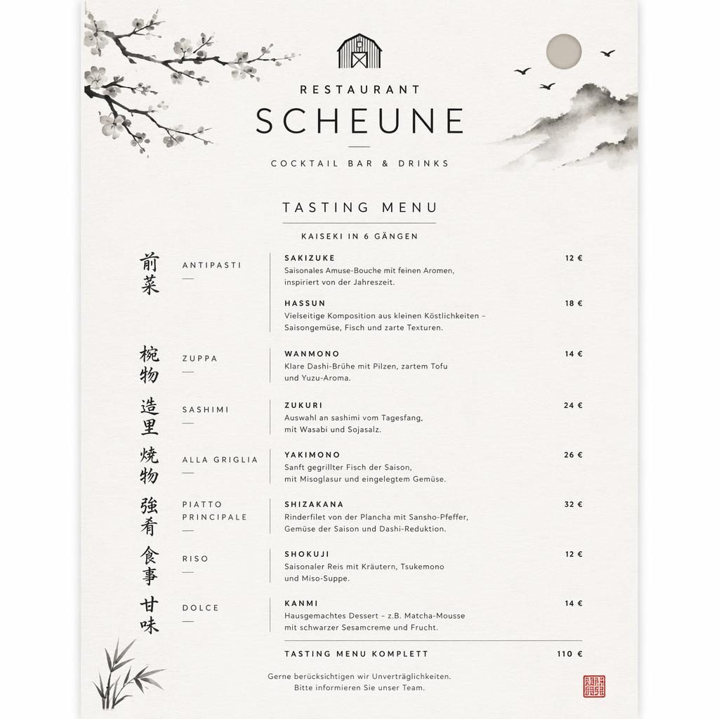 A4-Menükarte von restaurant scheune im japanischen Kaiseki-Stil, monochrom, mit dekorativer Kopfzeile und Preisspalte.