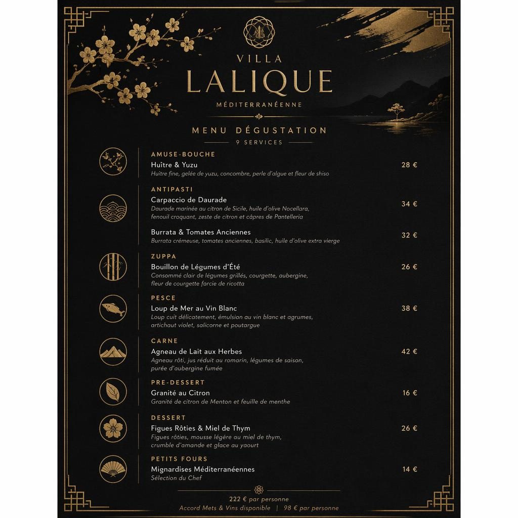 Carte de menu A4 portrait style kaiseki, noir et or, avec en-tête décoratif, sections, plats et colonne de prix.