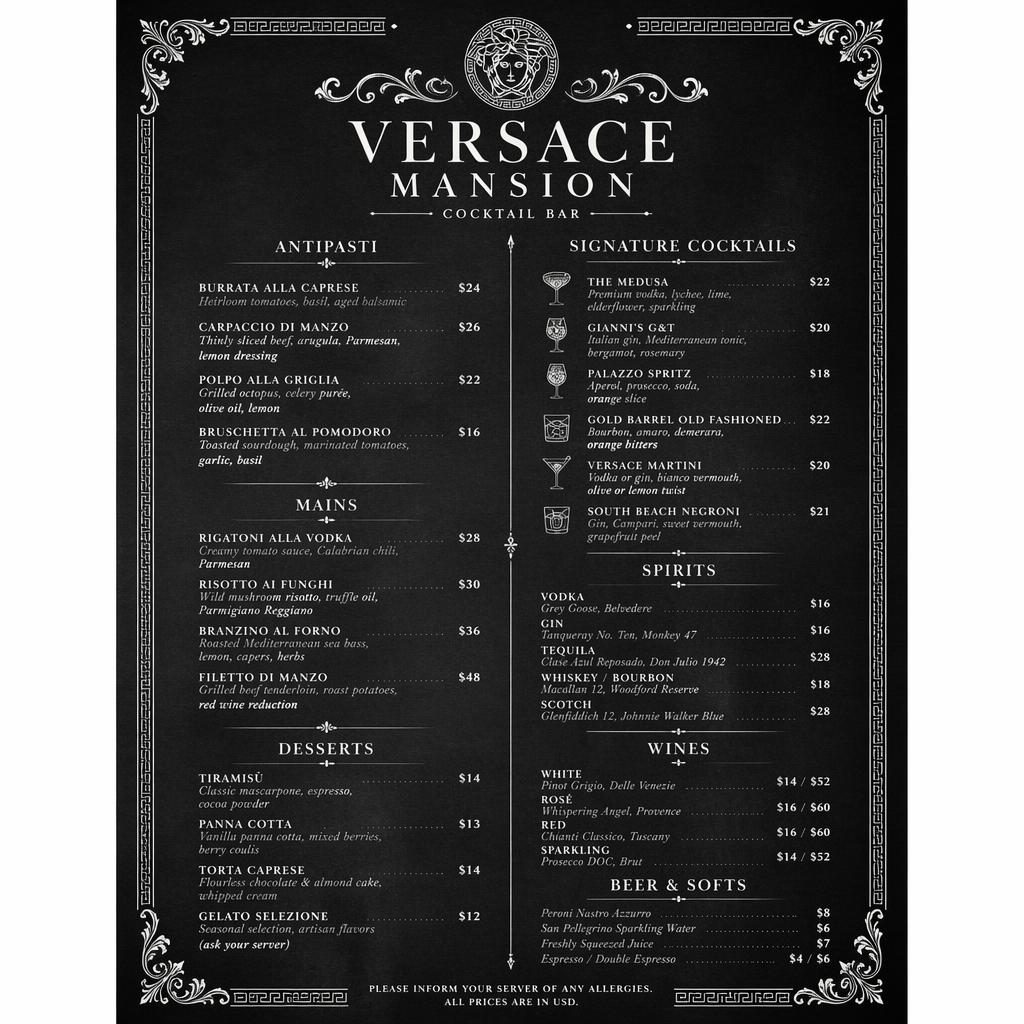 A4 portrait cocktail menu layout for the Versace mansion menu in a minimal monochrome chalkboard cafe style.