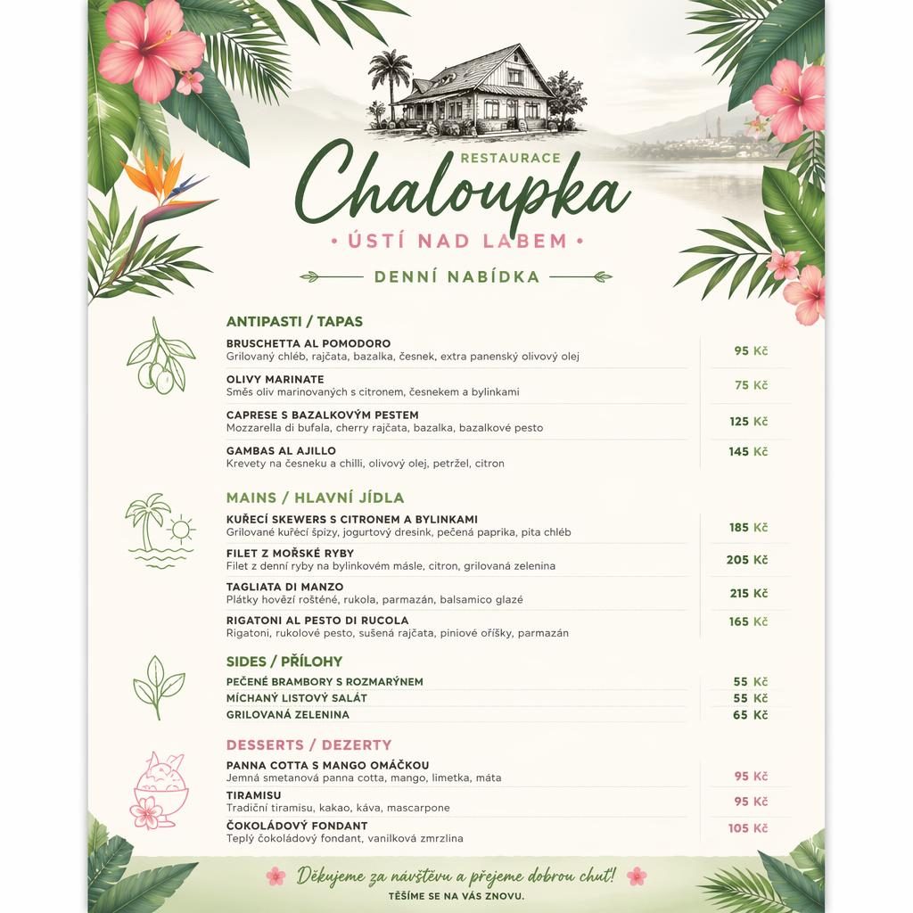 A4 menu karta na výšku pro tapas restauraci v tropickém resort stylu se svěží jarní paletou a sloupcem cen