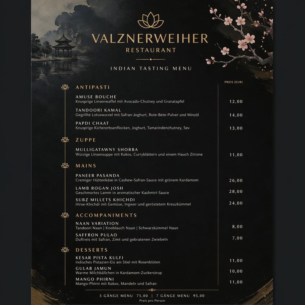 A4-Menükarte im Hochformat für valznerweiher restaurant, dunkel, japanischer Kaiseki-Stil mit Preisen und Platzhaltertext.