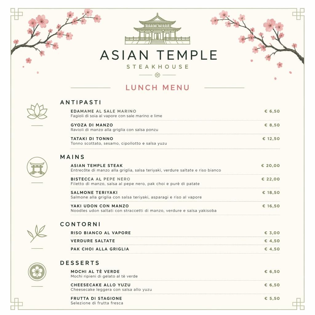 Minimalistická obědová menu karta A4 na výšku pro steakhouse s asijským motivem, švýcarská sazba, ceny a sekce.