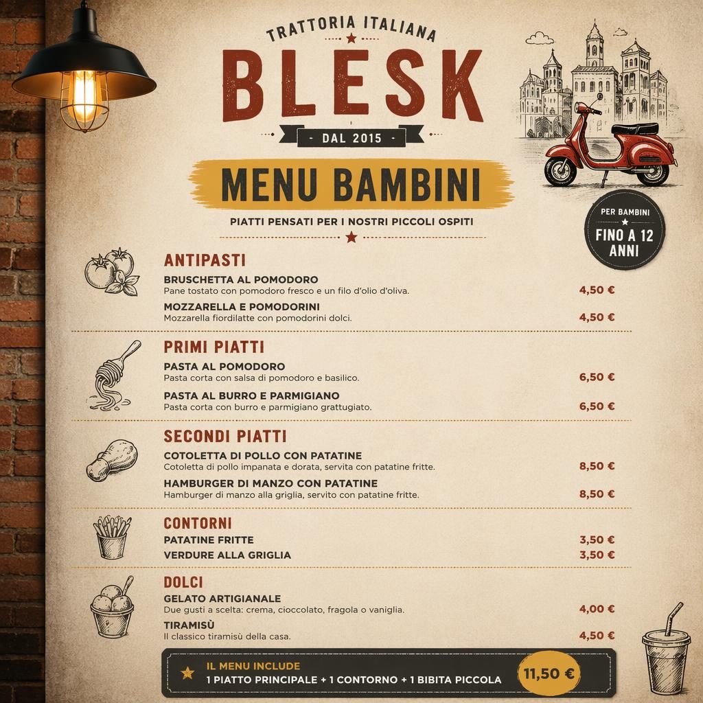 Tisková A4 karta dětského italského menu v industriálním loft stylu, teplé zemité tóny, sekce jídel a ceny.