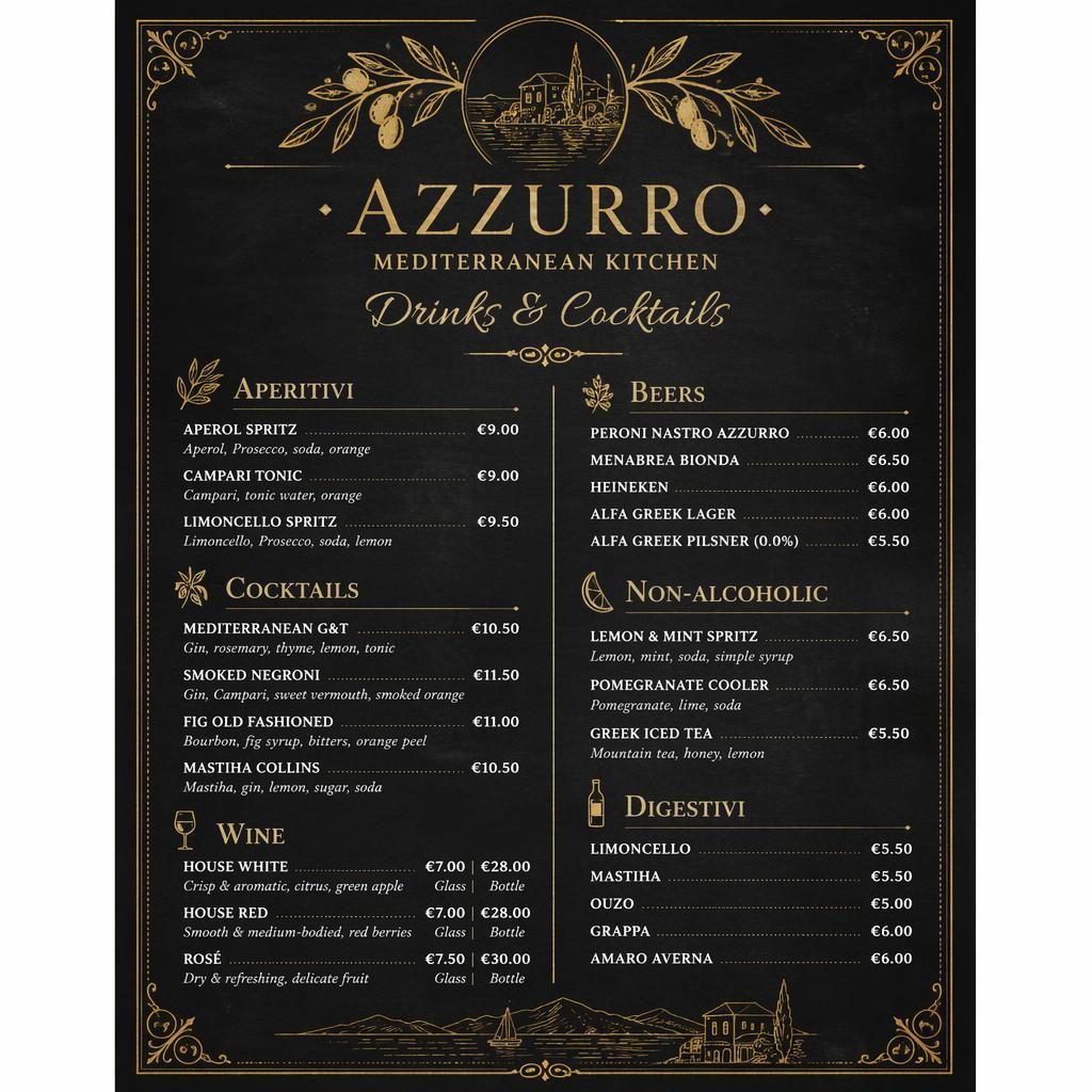 A4 portrait cocktail menu card with chalkboard cafe styling, black and gold palette, decorative header, sections and prices.