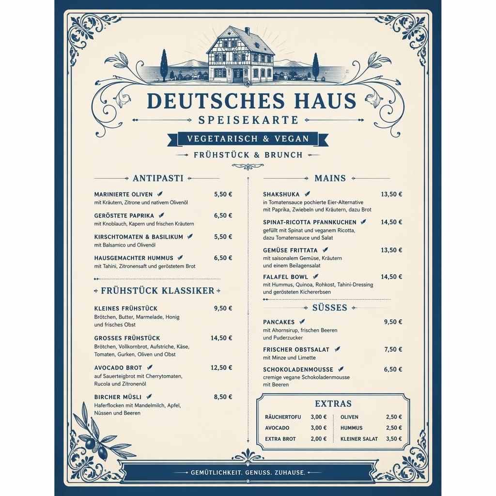 A4-Menükarte im Stil der 1920er, blau-creme, mit dekorativem Kopf, Rubriken, Platzhaltertext und Preisspalte