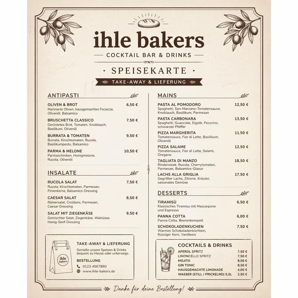 A4-Menükarte im Hochformat für ihle bakers speisekarte, rustikal warm, monochrom, mit Getränkesektionen und Preisspalte