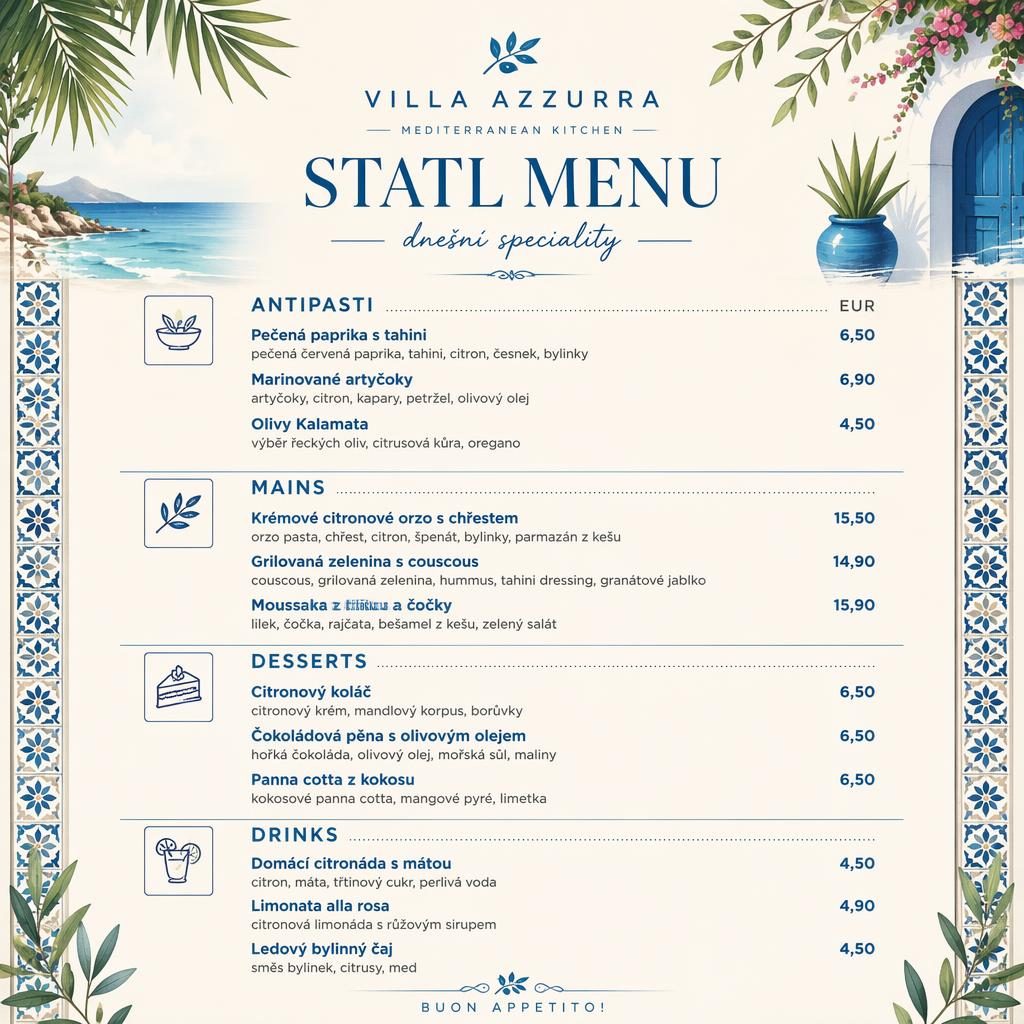 A4 menu karta na výšku v modro-krémové paletě, tropický středomořský styl, sekce jídel a sloupec s cenami.
