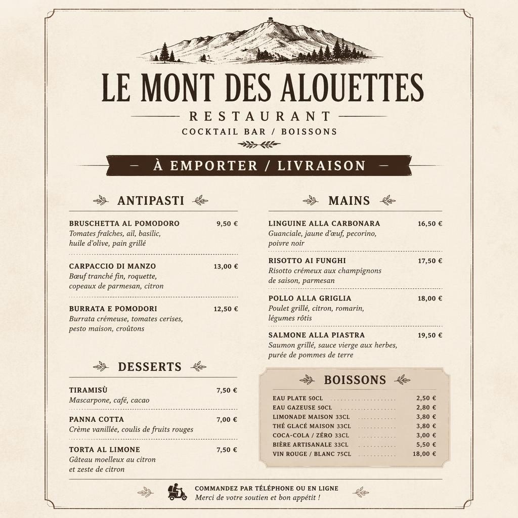 Carte de menu A4 portrait rustique et minimaliste pour le mont des alouettes restaurant, sections, prix et en-tête décoratif.