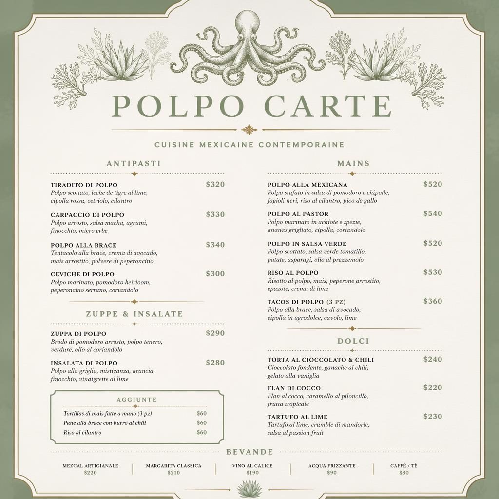 Carte de menu A4 en portrait pour polpo carte mexicain, palette sauge et ivoire, mise en page gastronomique luxe.