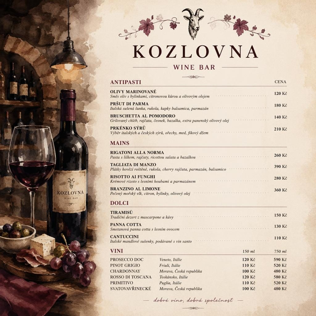 A4 vinný lístek pro kozlovnu v tmavém akvarelovém stylu s dekorativní hlavičkou, sekcemi a sloupcem cen.
