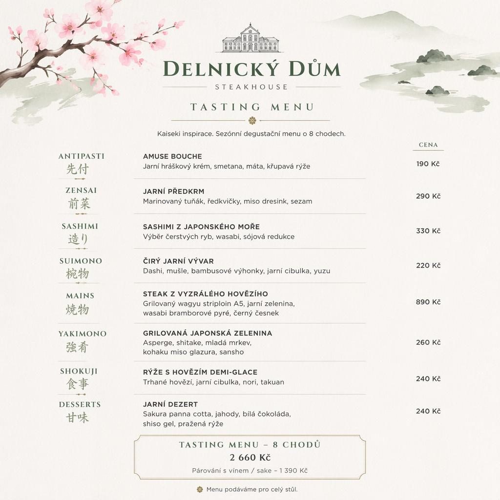 Tisková A4 karta degustačního menu steakhouse Dělnický dům ve stylu japonského kaiseki s jarní paletou a cenami.