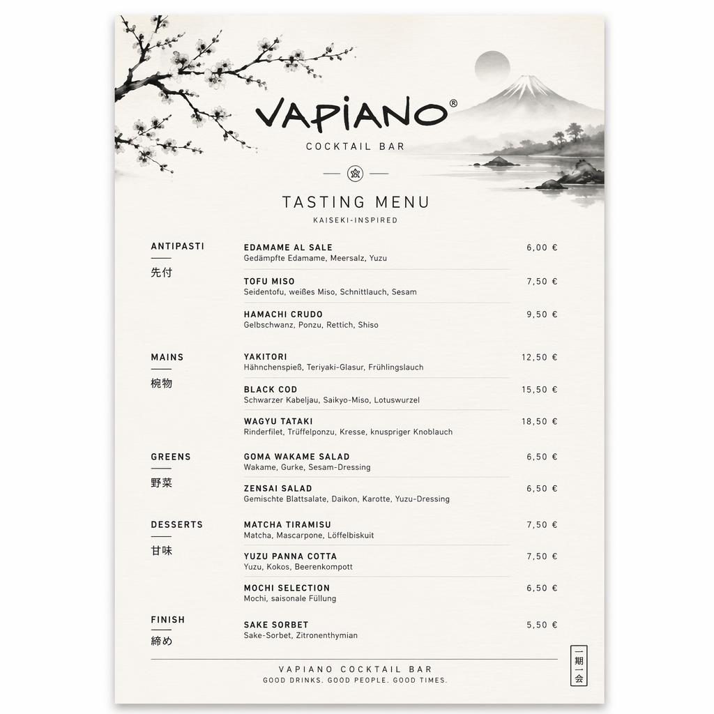 A4-Menükarte im Hochformat für vapiano standorte, monochrom, mit Kaiseki-Stil, Rubriken, Platzhaltertext und Preisspalte.