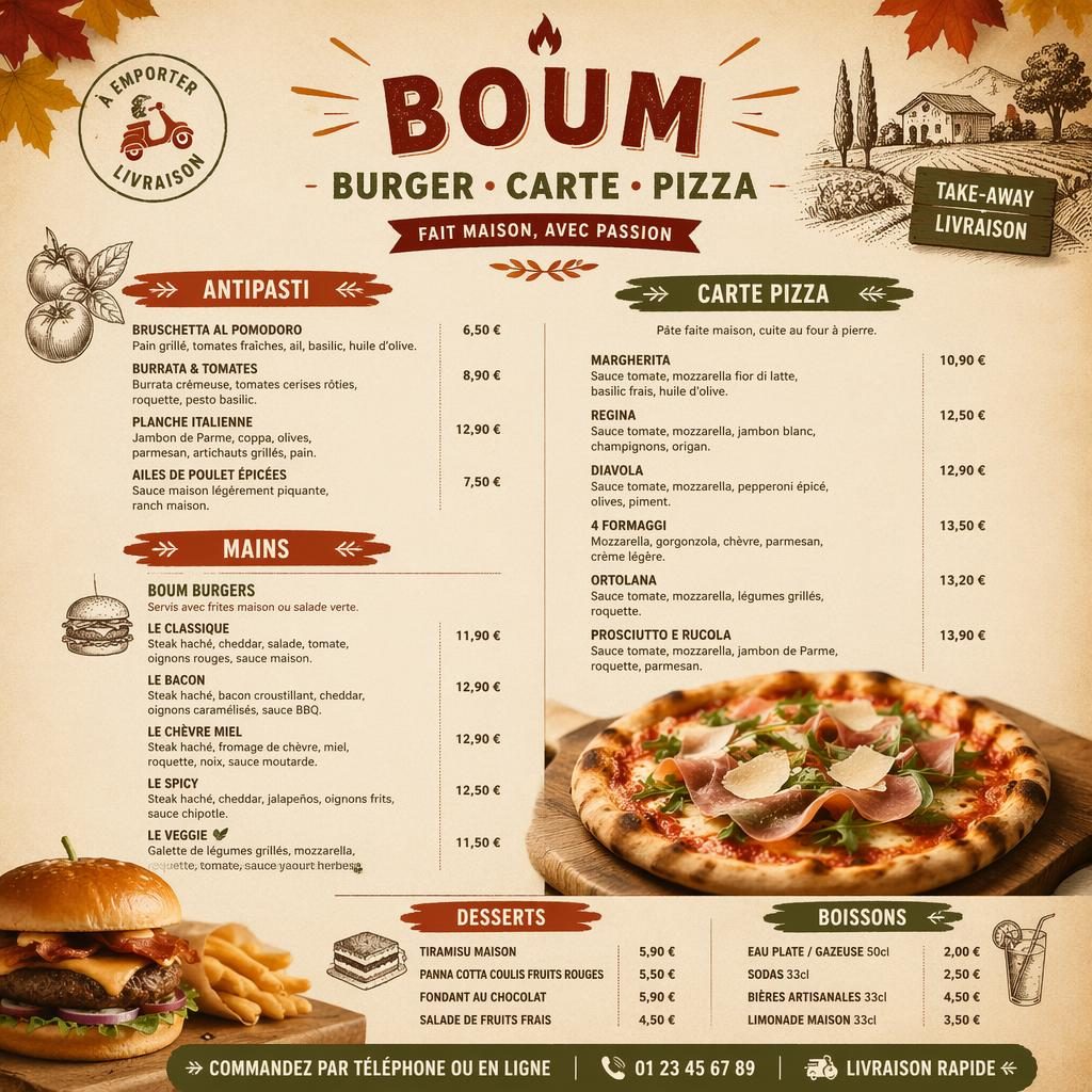 Carte de menu A4 en portrait pour boum burger carte pizza, style rustique chaud, sections, plats et colonne de prix.