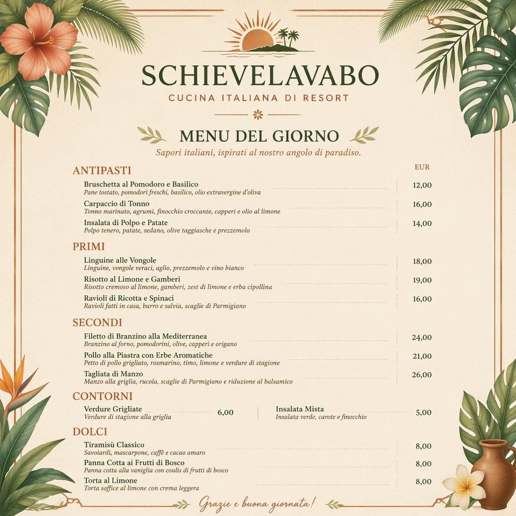 Carte de menu italienne A4 en portrait, style resort tropical, palette terre chaude, rubriques, plats fictifs et colonne de prix.