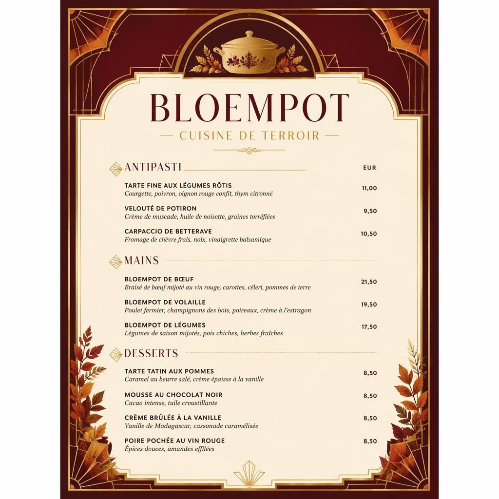 Carte dessert A4 en portrait pour bloempot menu, style art déco aux tons automnaux, en-tête décoratif, rubriques et prix.