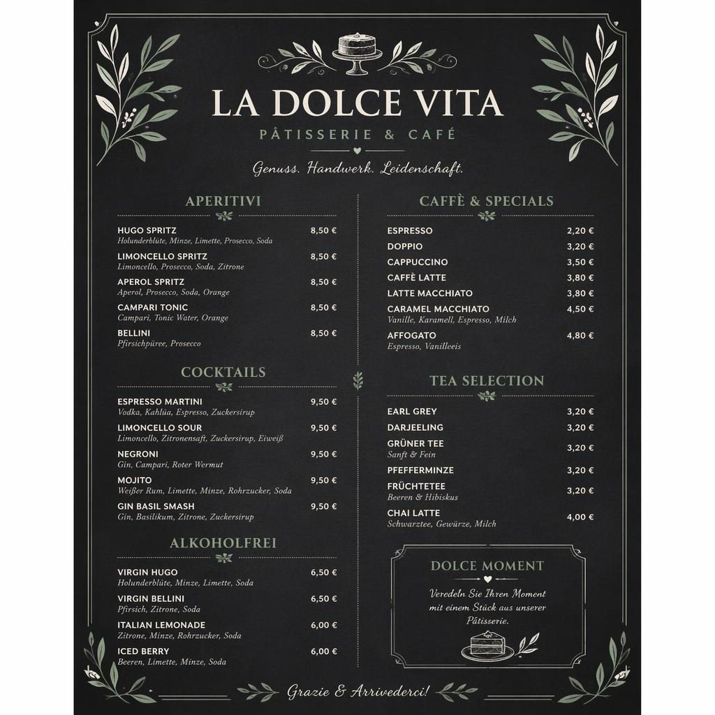 A4-Cocktailkarte im Kreidetafel-Café-Stil in Salbei und Elfenbein mit Deko-Header, Platzhaltertext und Preisen