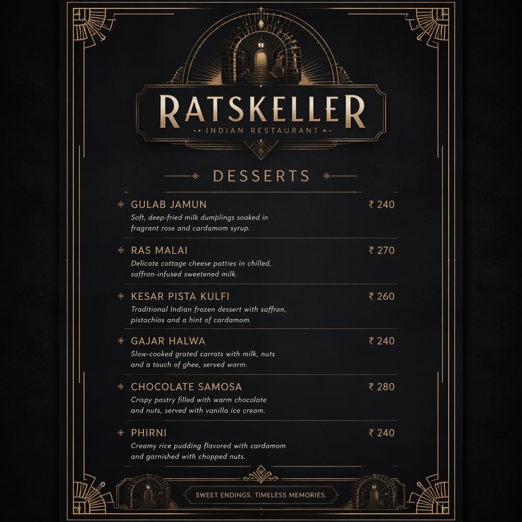 A4-Dessertkarte für Restaurant Ratskeller im Art-Déco-Stil, dunkle Farbpalette, dekorativer Kopf, Platzhaltertexte und Preise.