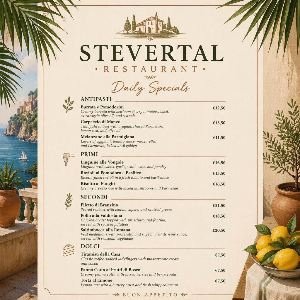 A4-Menükarte im Hochformat für stevertal restaurant, italienische Tagesgerichte, tropisches Resort-Design in warmen Erdtönen.