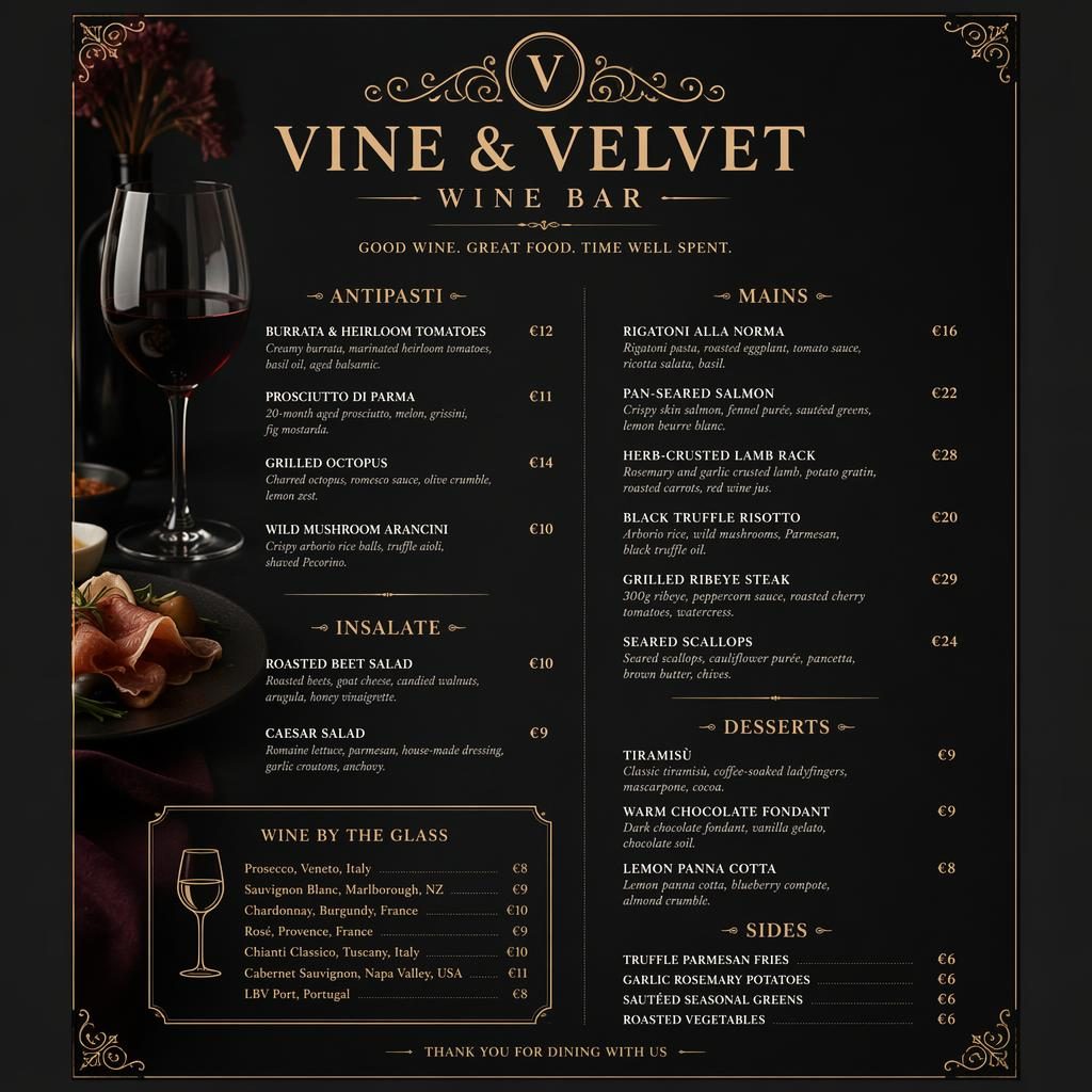 A4 portrait wine bar dinner menu card with dark moody luxury styling, decorative header, section headings, dishes and price column.