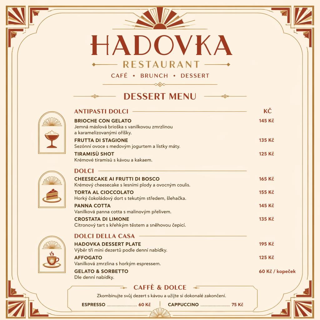 A4 dezertní menu pro hadovka restaurant ve stylu art deco, krémovo-rezavá paleta, dekorativní záhlaví a sloupec cen.
