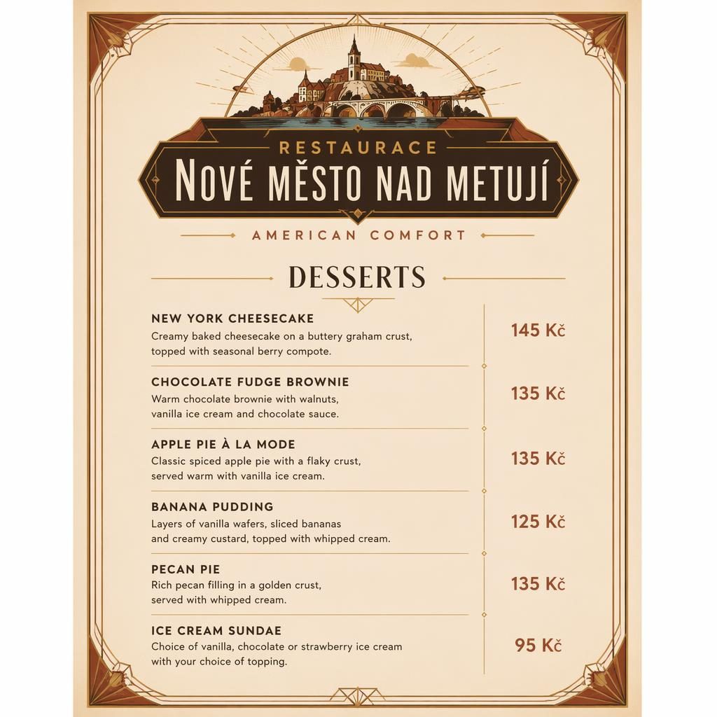 A4 dezertní menu v art deco stylu, teplé zemité tóny, dekorativní hlavička, názvy dezertů a sloupec s cenami.