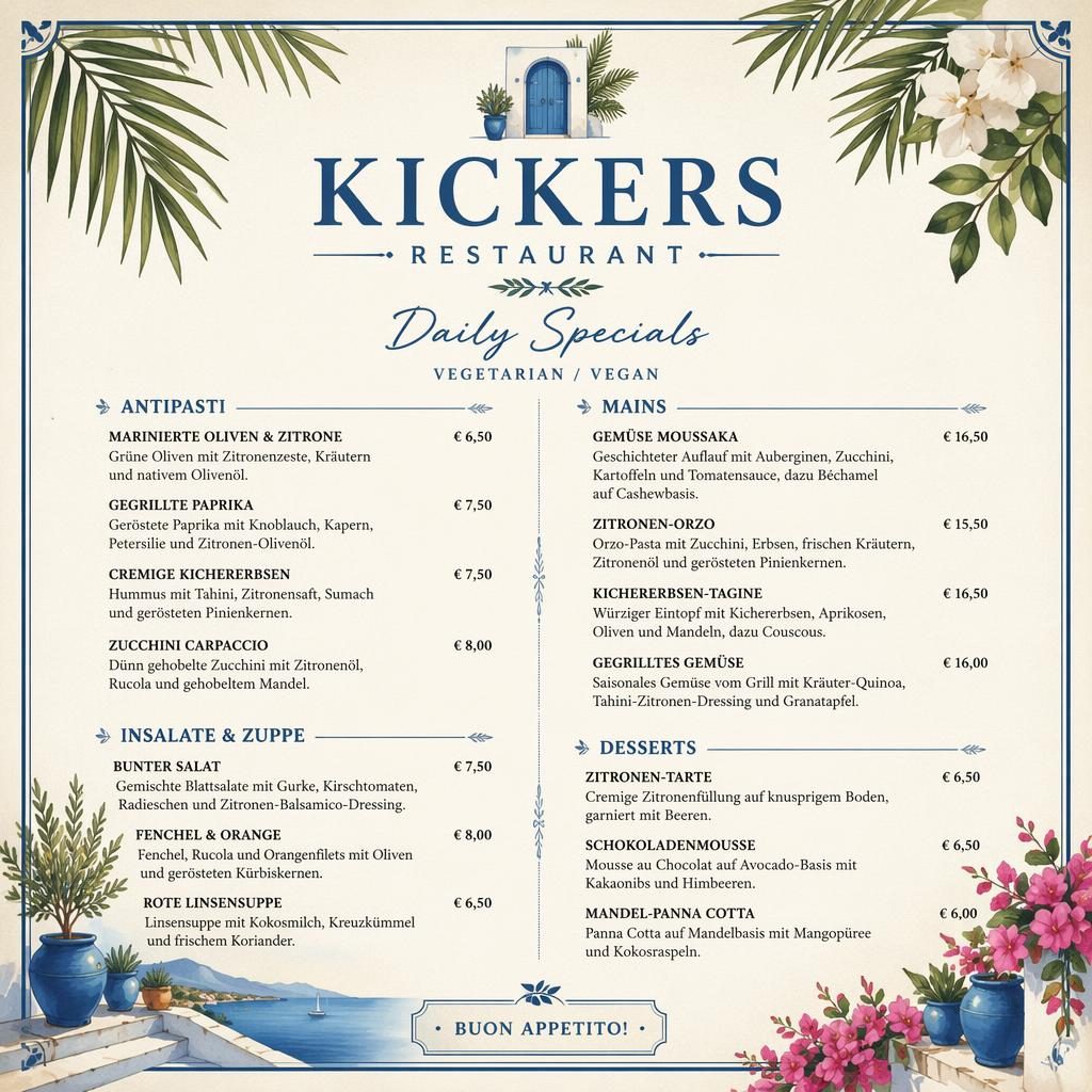 A4-Menükarte für kickers restaurant im tropischen Resort-Stil, blau-cremefarben, mit vegetarischen und veganen Tagesgerichten