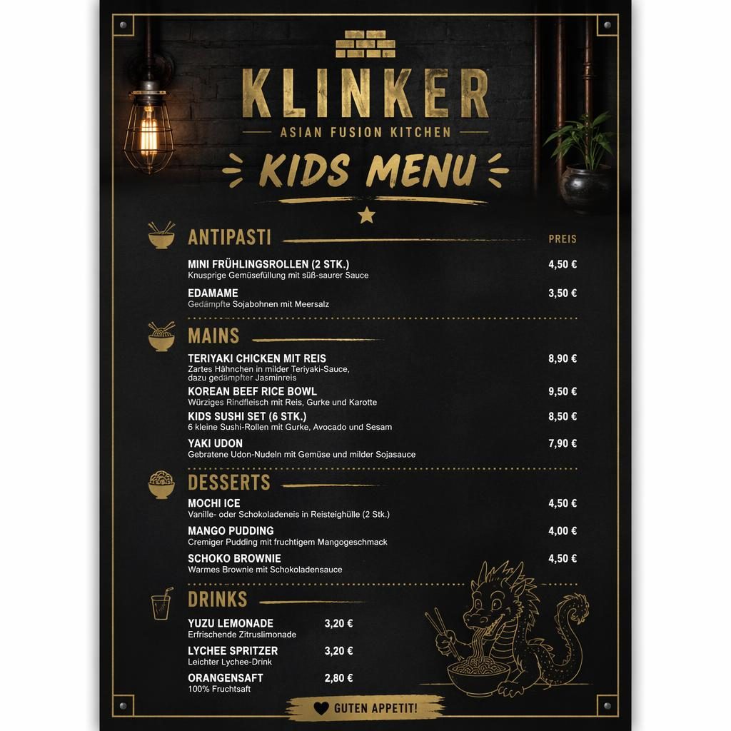 A4-Kinderkarte für Restaurant Klinker im Industrial-Loft-Stil in Schwarz und Gold mit dekorativem Header und Preisleiste.