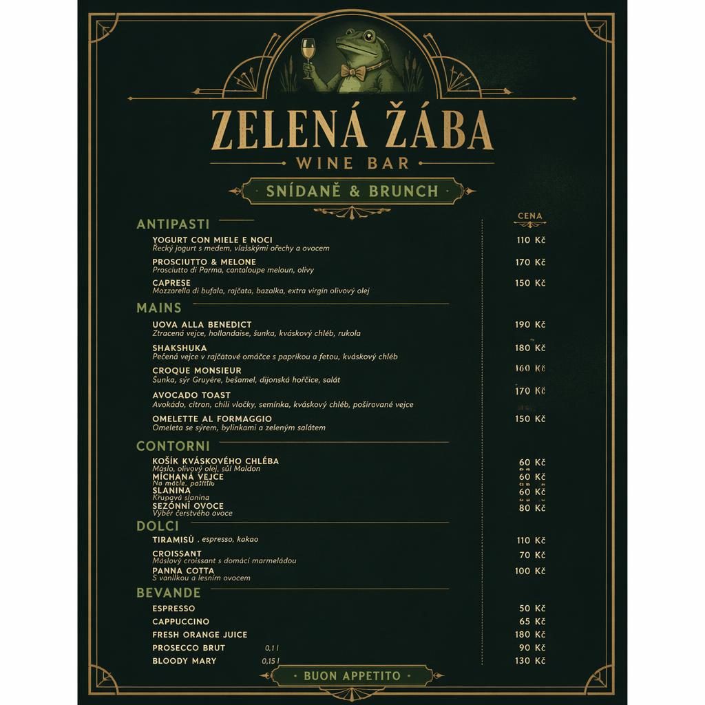 Vintage menu karta A4 na výšku pro vinný bar, tmavá náladová paleta, dekorativní záhlaví, sekce jídel a sloupec cen.