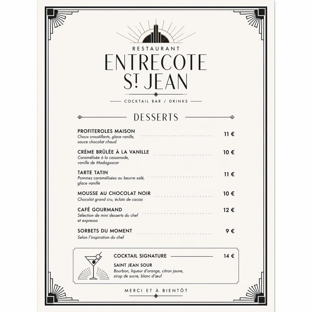 Carte de desserts A4 en portrait, style art déco monochrome, avec en-tête décoratif, nom du restaurant et colonne de prix.