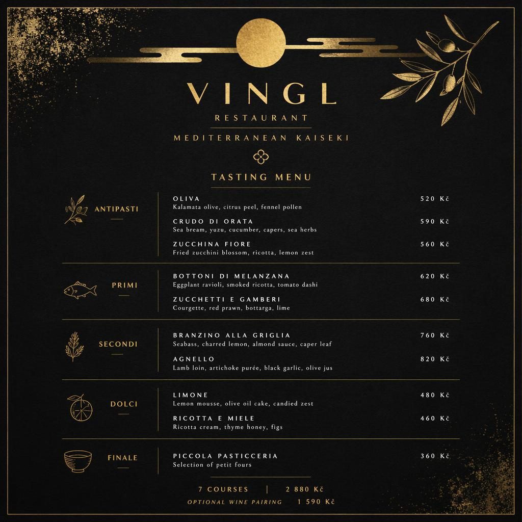 A4 menu karta pro vingl restaurant na výšku, černo-zlatý luxusní design, dekorativní záhlaví, sekce a ceny.