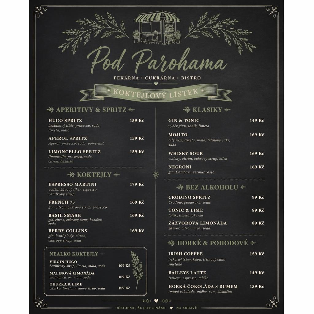 Nápojová a koktejlová menu karta A4 pro pod parohama menu v křídovém café stylu, šalvějová a ivory paleta.