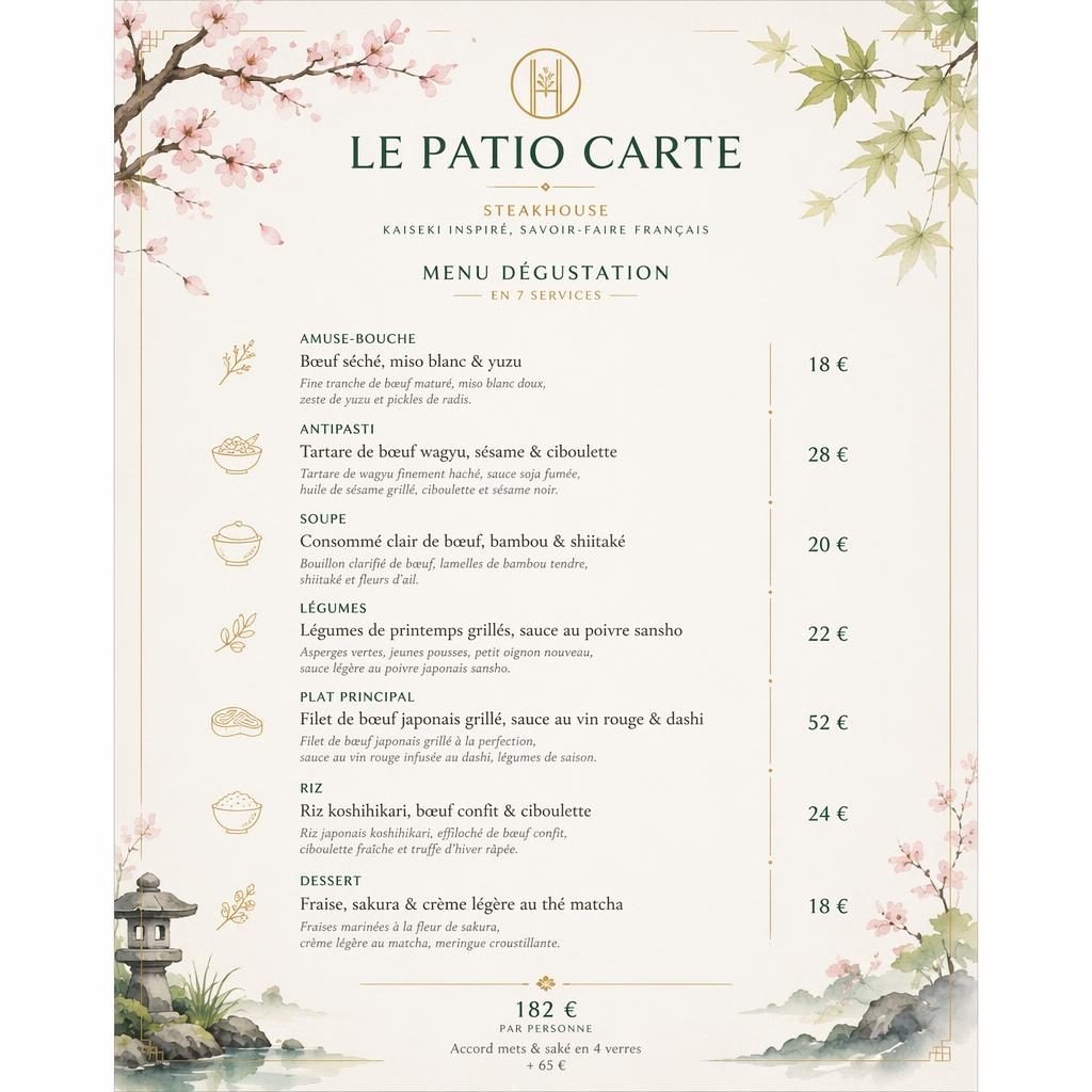 Carte de menu A4 portrait pour le patio carte, style kaiseki printanier, avec en-tête décoratif, sections, plats et prix.