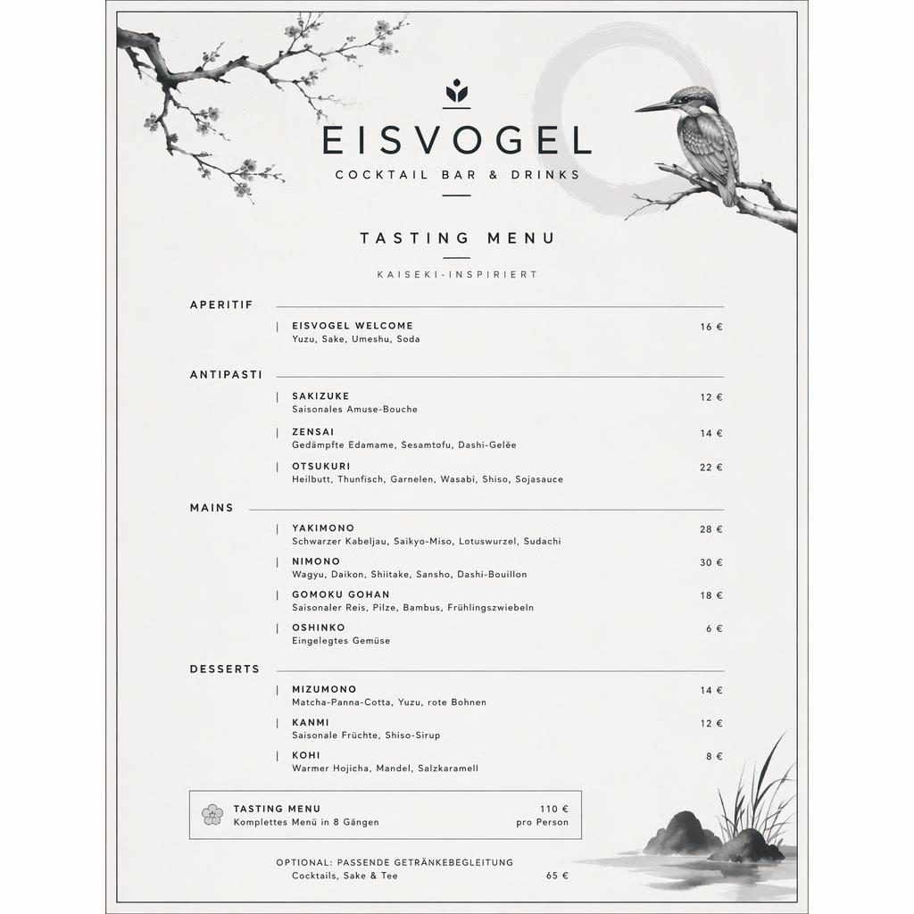 A4-Menükarte für Restaurant Eisvogel, monochrom, japanischer Kaiseki-Stil mit dekorativem Header, Rubriken und Preisen