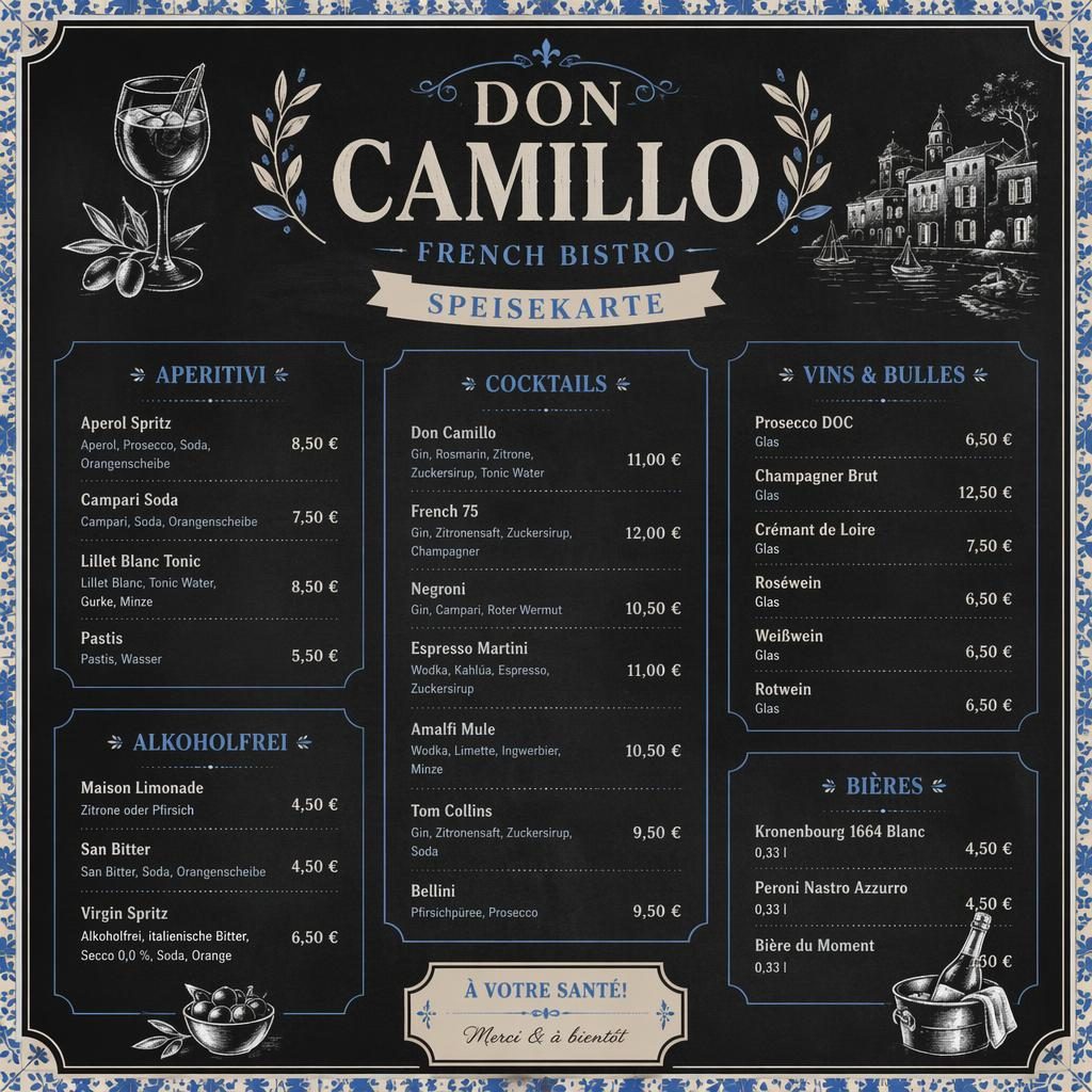 A4-Cocktailkarte im Kreidetafelstil für don camillo speisekarte, mediterran in Blau und Creme mit Deko-Header