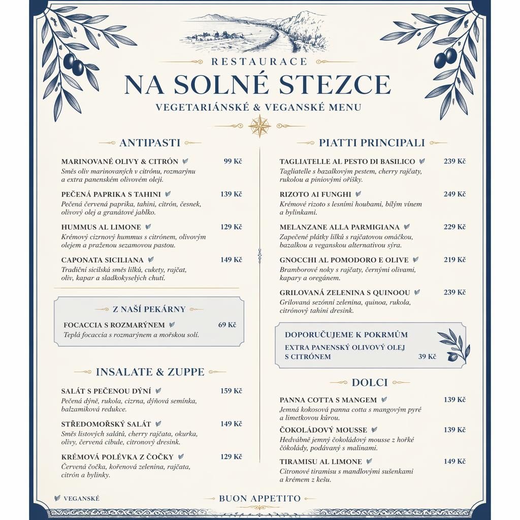 A4 menu karta pro fine dining restauraci v modro-krémové paletě, s dekorativní hlavičkou, sekcemi, cenami a veganskými jídly.