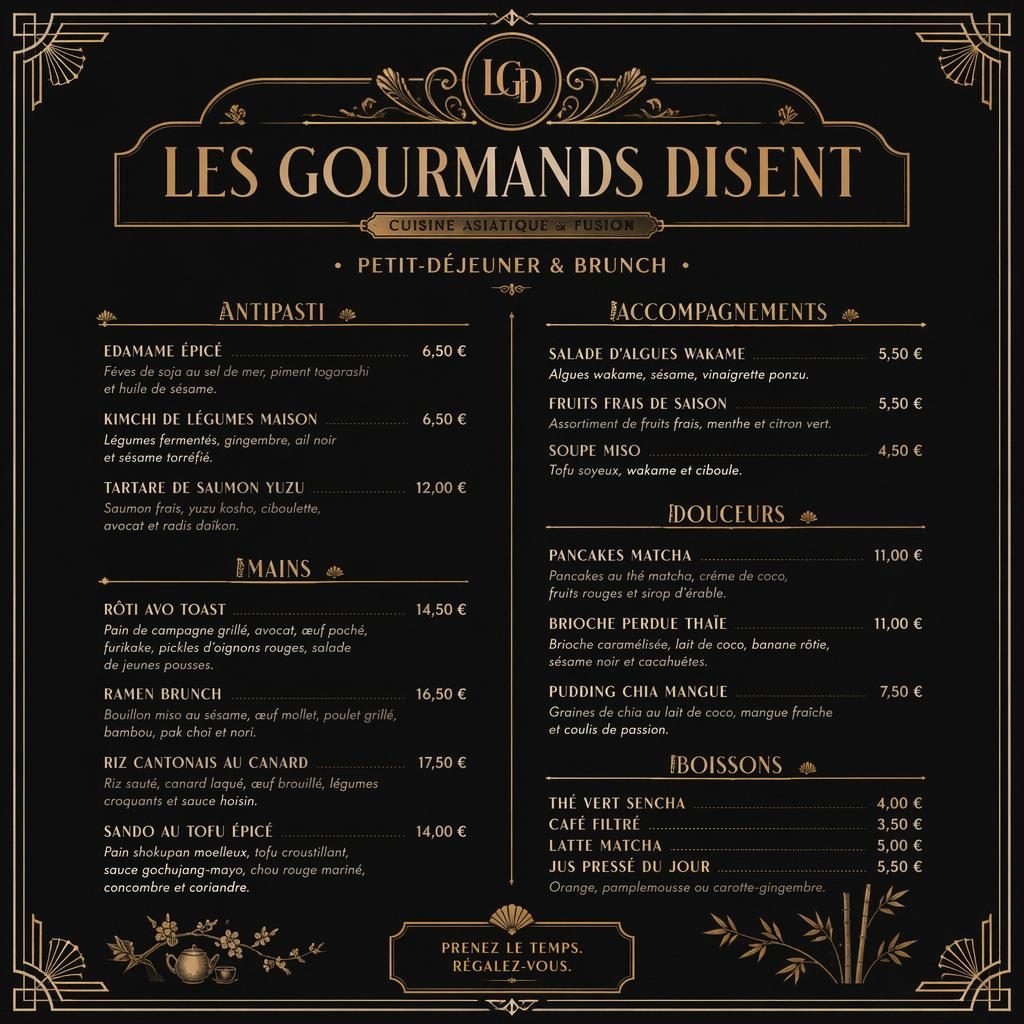 Carte de menu brunch asiatique fusion A4 en style années 1920, noir et or, avec en-tête décoratif et colonne de prix.