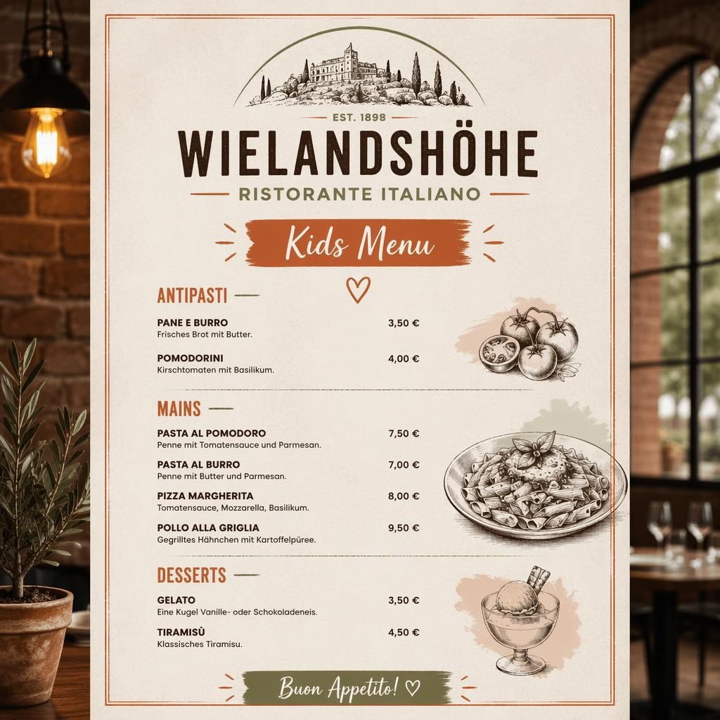 A4-Menükarte für Kinder von restaurant wielandshöhe im Industrial-Loft-Stil, warme Erdtöne, italienische Speisen mit Preisen.