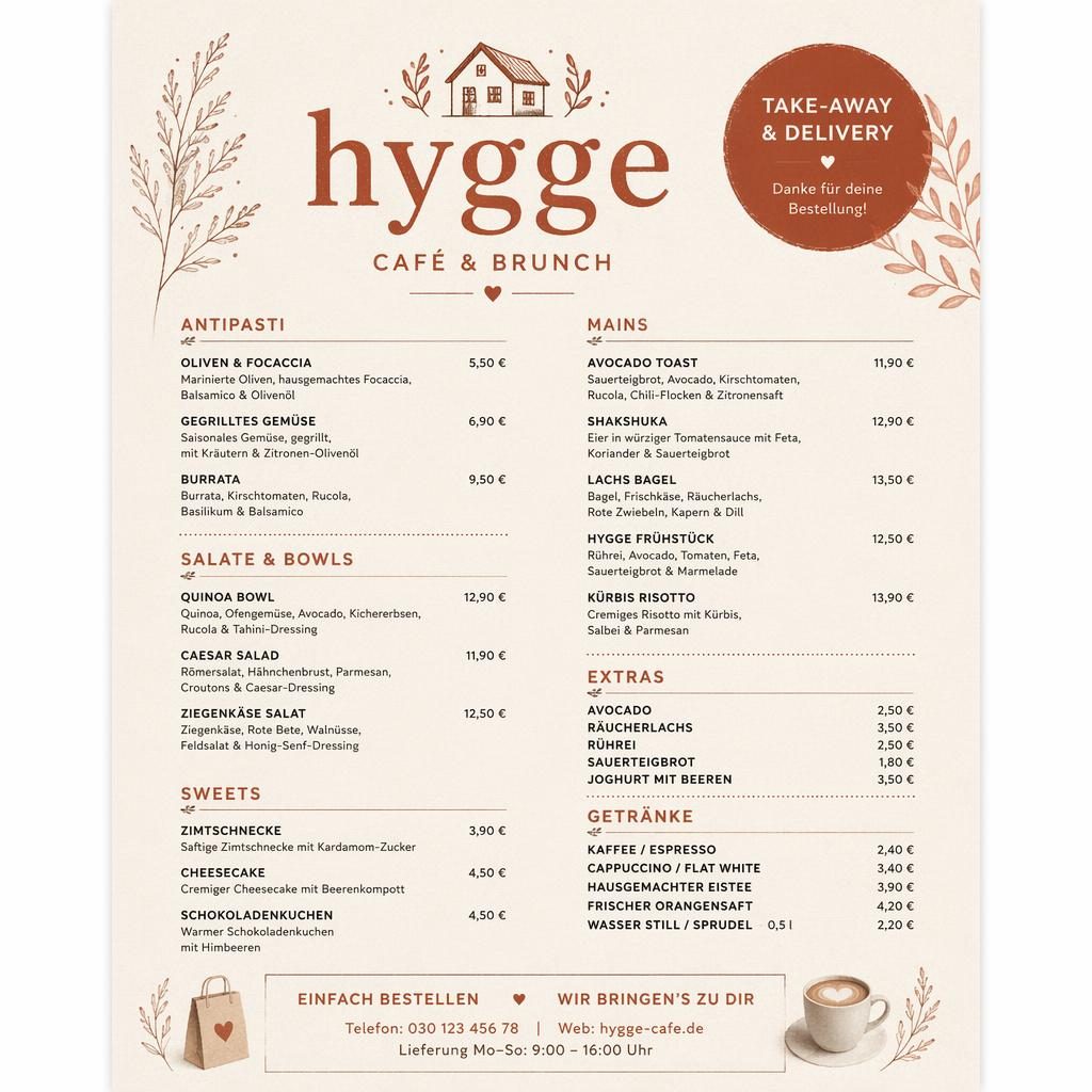 A4-Menükarte für restaurant hygge im warm-rustikalen Stil mit creme-roter Farbpalette, Rubriken, Platzhaltertext und Preisen.