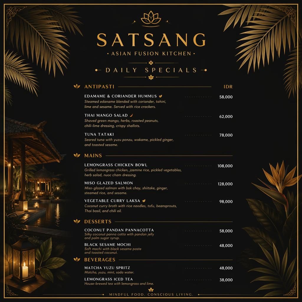 A4 jídelní lístek satsang menu v černo-zlatém luxusním tropickém stylu s názvy sekcí, cenami a dekorativní hlavičkou