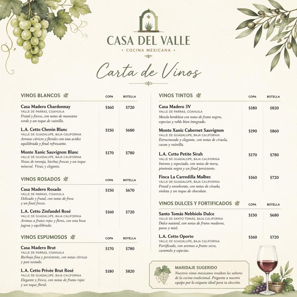 Tarjeta de menú A4 vertical para carta digital mexicana de vinos, en acuarela verde salvia y marfil con precios.