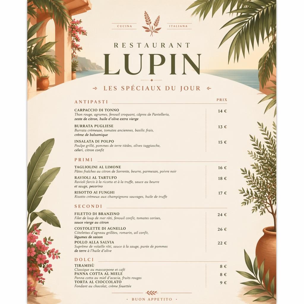 Carte de menu A4 en portrait pour restaurant lupin, style resort tropical, palette terre chaude, rubriques et prix.