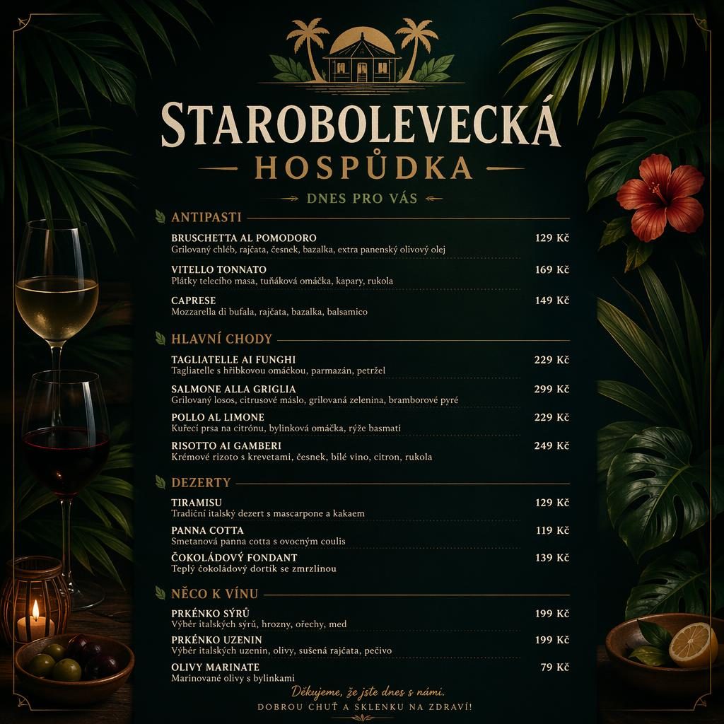 A4 jídelní lístek pro starobolevecká hospůdka menu v tropickém tmavém stylu s dekorativní hlavičkou, sekcemi a cenami